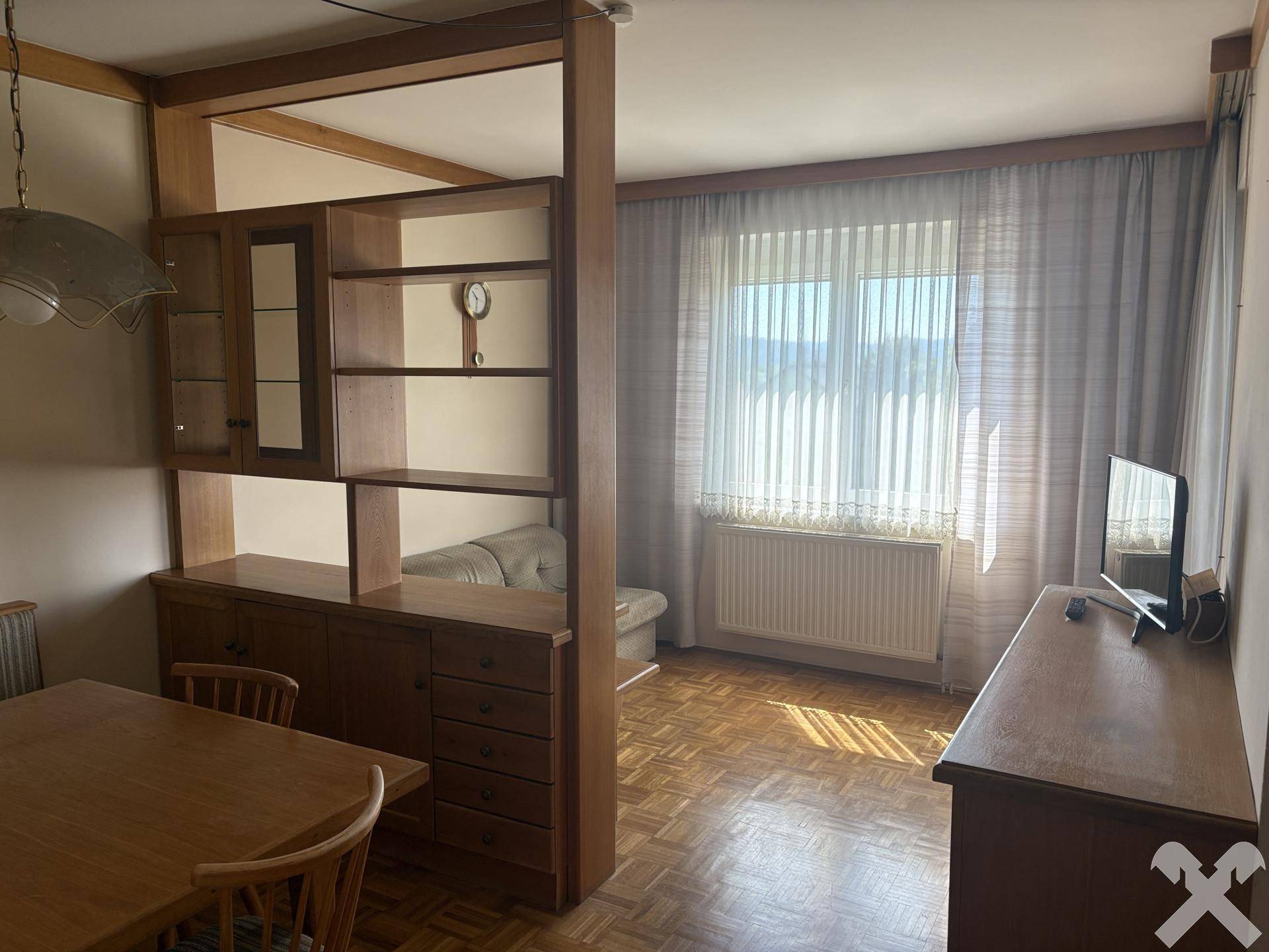 Gemütlicher Wohn-Essbereich mit Holzregal als Raumteiler und Fenster mit Vorhängen, gut beleuchtet.