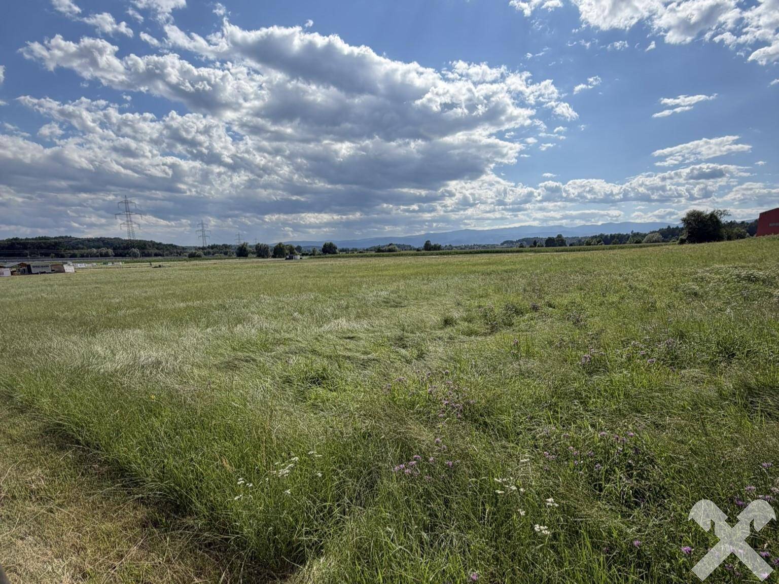Ausgedehntes grünes Feld unter bewölktem Himmel mit Fernblick und sichtbaren Stromleitungen.