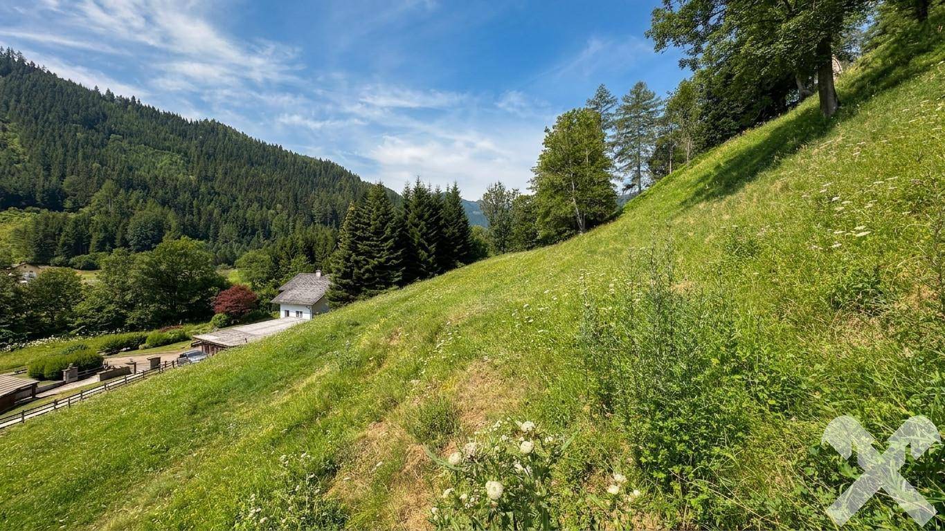 Panoramablick über eine sanfte grüne Hügellandschaft mit einem traditionellen Haus und dichten Wäldern im Hintergrund.