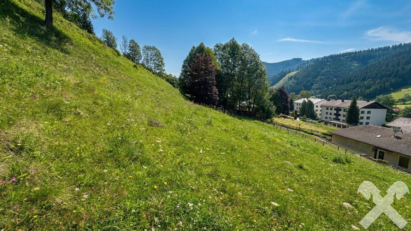 Grüne Wiesen und Bäume mit Blick auf Häuser und die umliegende Berglandschaft unter klarem Himmel.