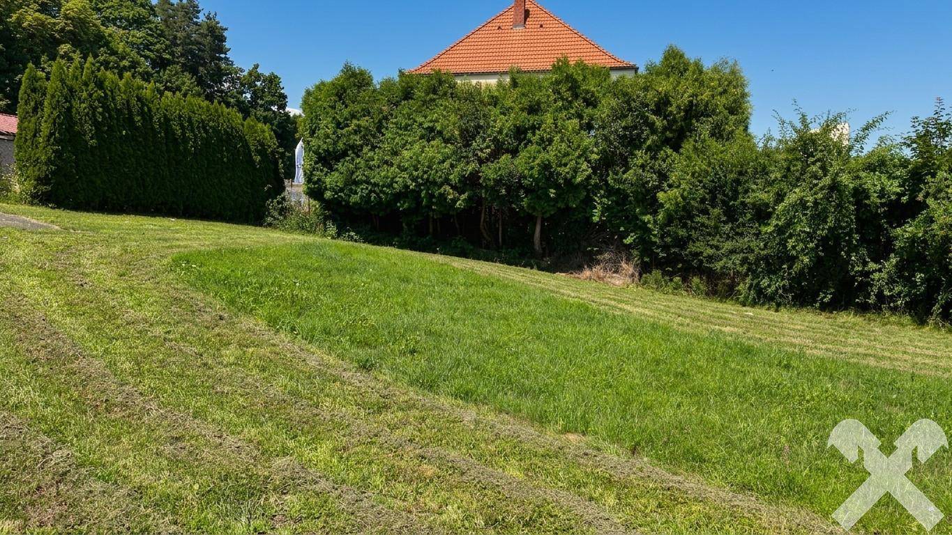 Grüne Wiese mit gemähten Streifen, im Hintergrund ein Wohnhaus mit rotem Dach, umgeben von dichtem Grün.