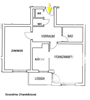 Handgezeichneter Grundriss mit Zimmern, Küche, Bad, WC und Loggia, zeigt die Raumaufteilung.