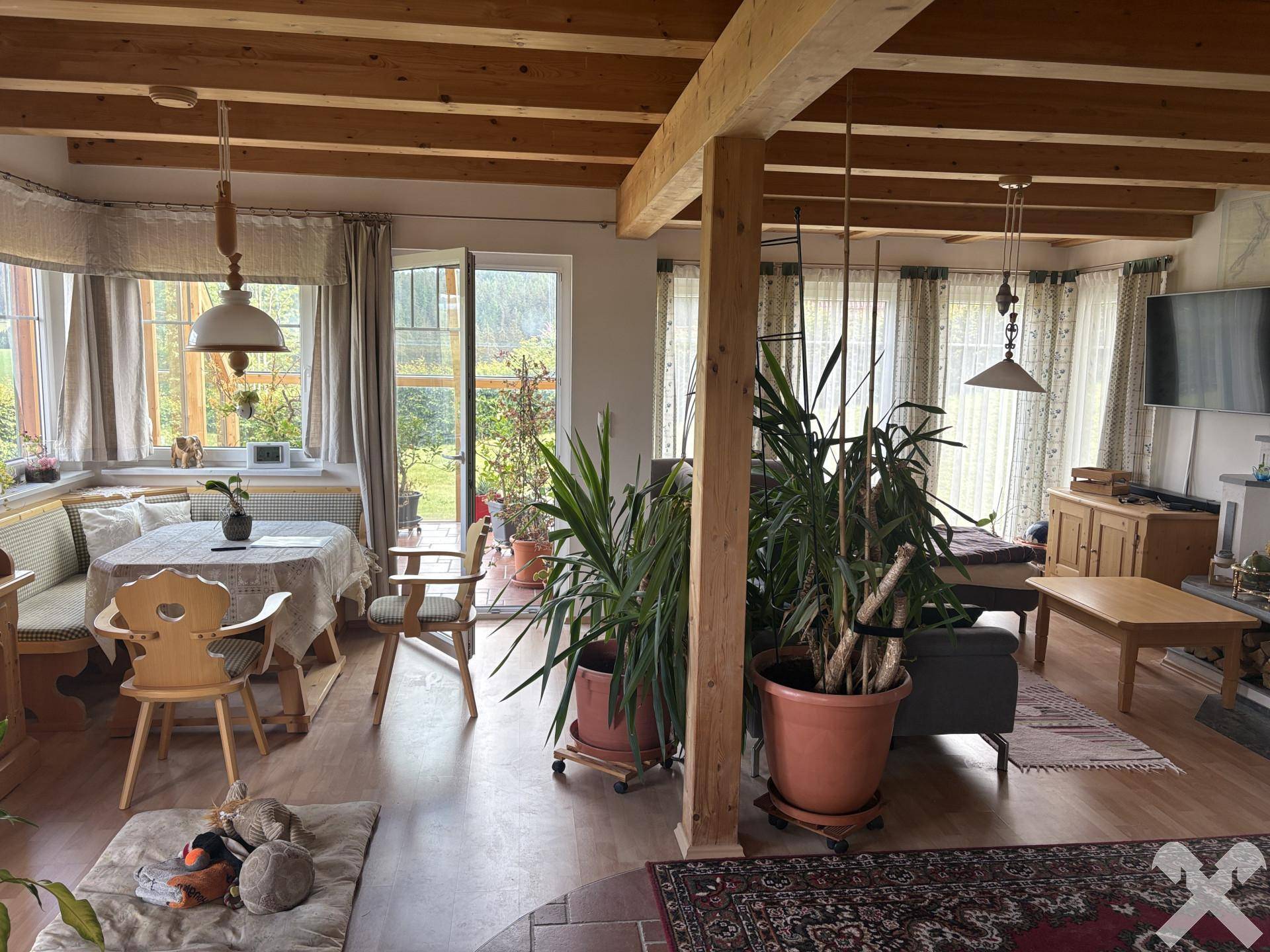 Geräumiger Wohnbereich mit Holzboden, großen Pflanzen und Zugang zum Wintergarten.