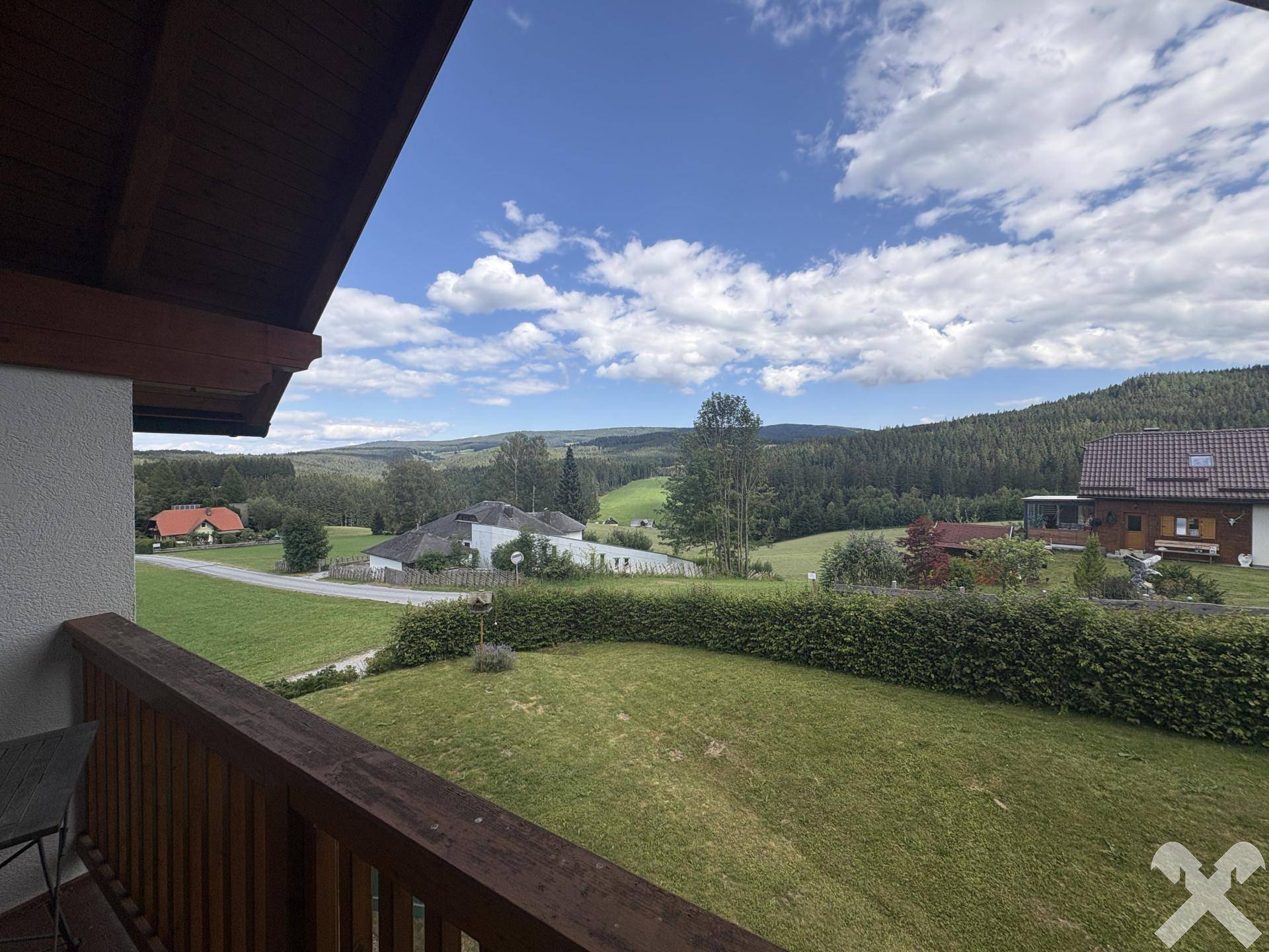 Panoramablick vom Balkon auf die grüne Landschaft mit Bergen und umliegenden Häusern.
