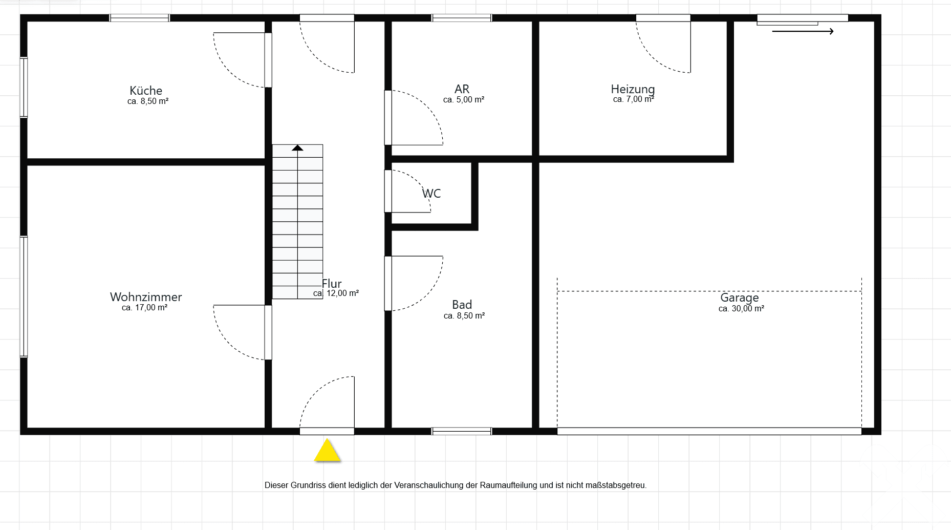 Grundriss des Erdgeschosses mit Küche, Wohnzimmer, Bad, WC und Garage.
