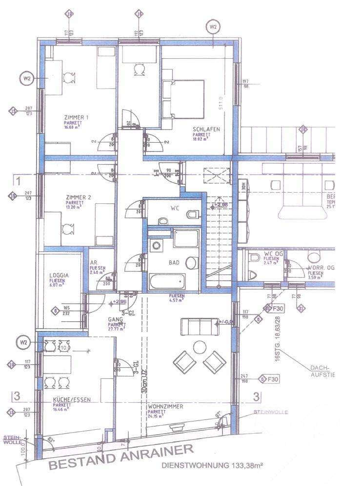 Grundriss einer Wohnung mit offenem Wohnbereich, mehreren Zimmern, Bad, WC und Loggia.