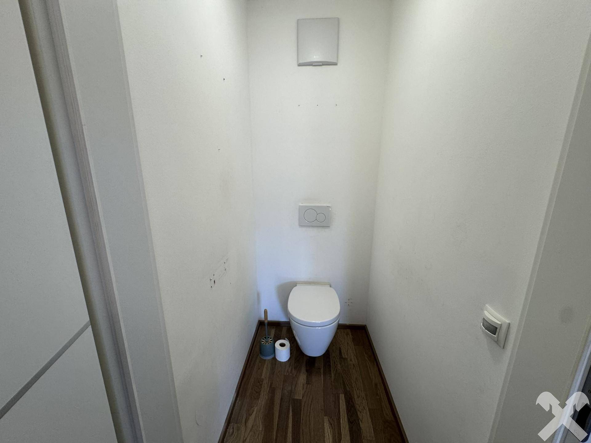 Separates WC mit Wand-WC und Holzboden, schlicht und funktional.