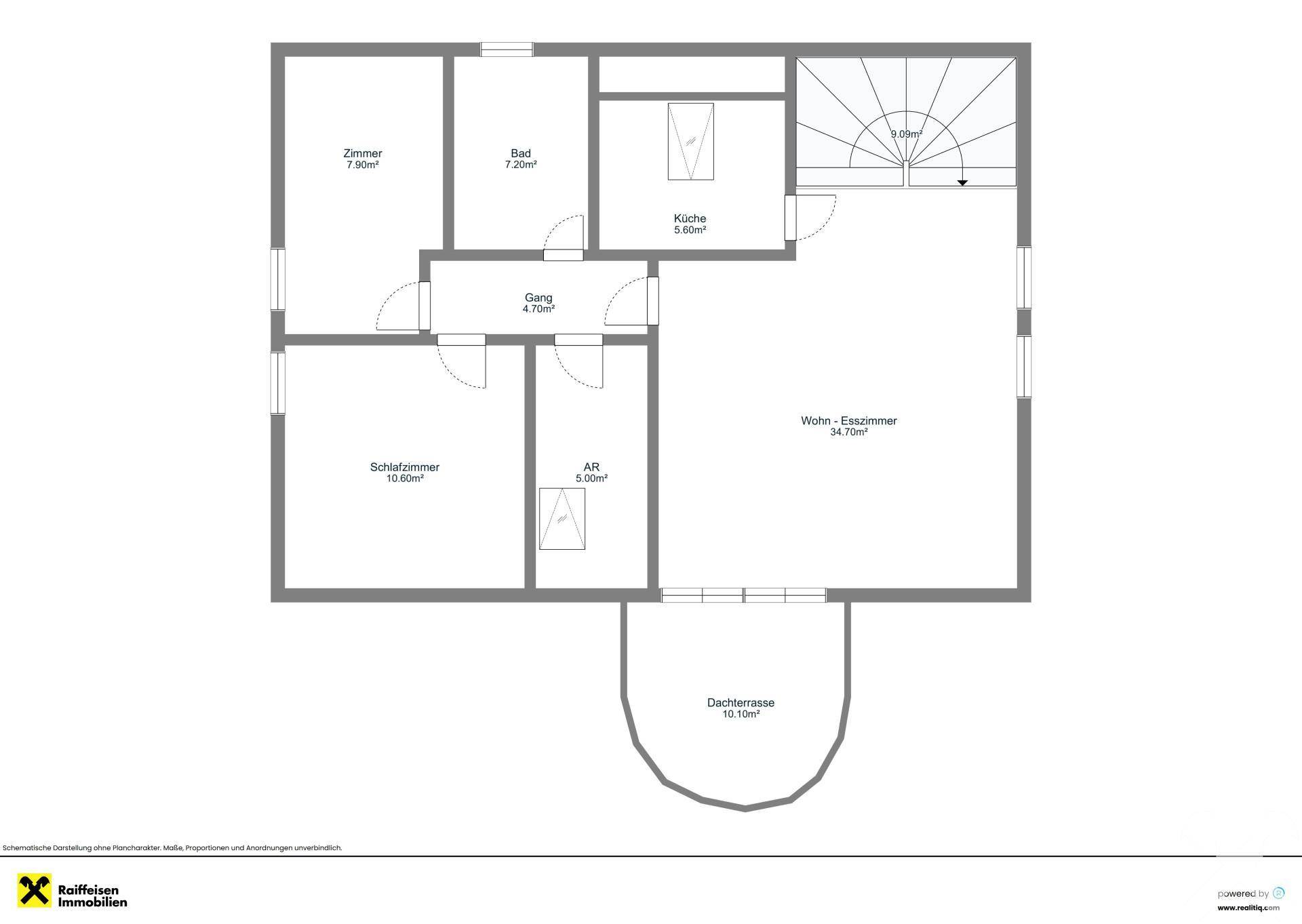 Grundriss des Obergeschosses mit Wohn-Esszimmer, Zimmern und Dachterrasse.