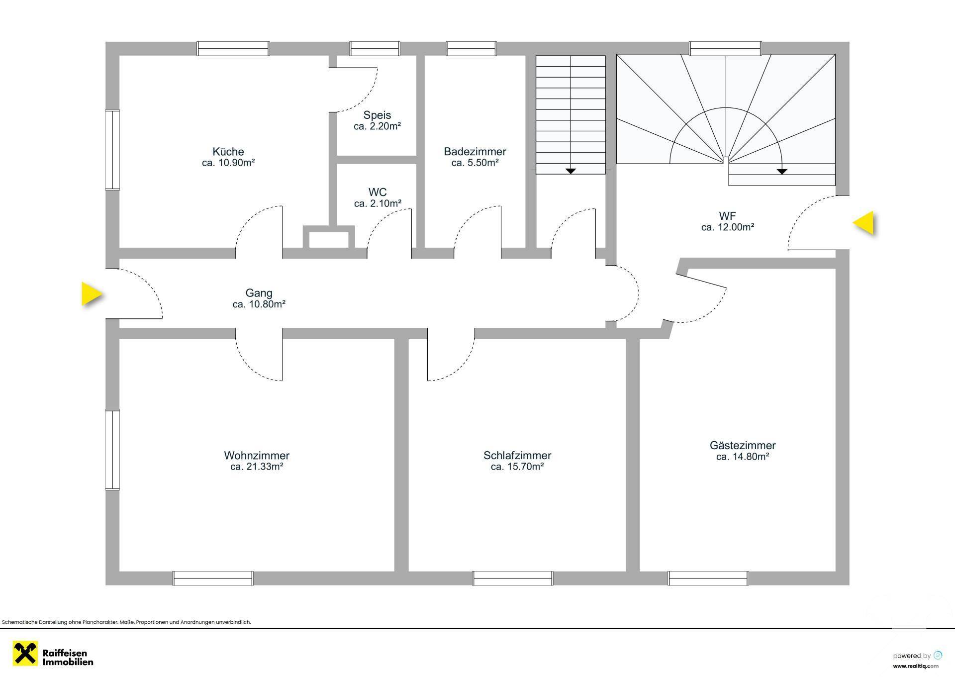 Grundriss des Erdgeschosses mit Wohnzimmer, Schlafzimmern, Küche und Bad.