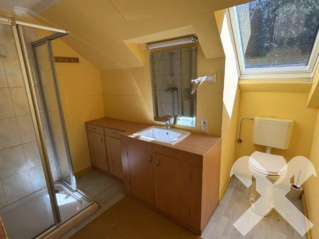 Badezimmer im Dachgeschoss mit Dusche, Waschbecken und einem Dachfenster für natürliches Licht.