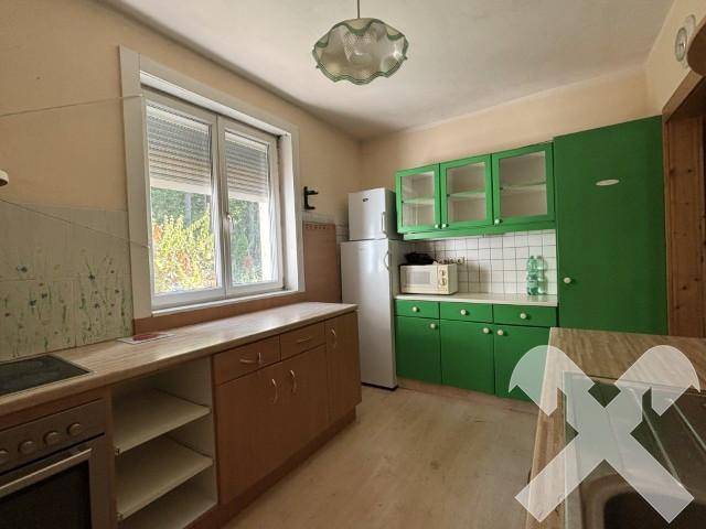 Küche mit grünen und holzfarbenen Schränken, Kühlschrank und Mikrowelle, mit Blick ins Grüne.
