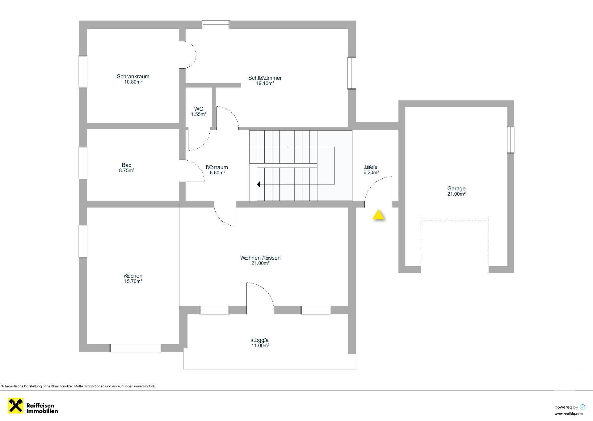 Grundriss des Erdgeschosses mit Küche, Wohn-Essbereich, Schlafzimmer und Garage.