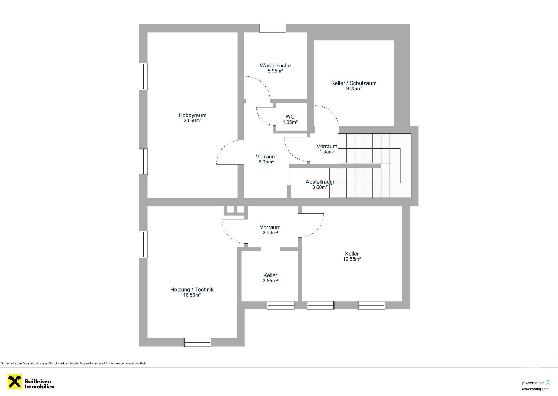 Grundriss des Untergeschosses mit Hobbyraum, Keller und Technikraum.