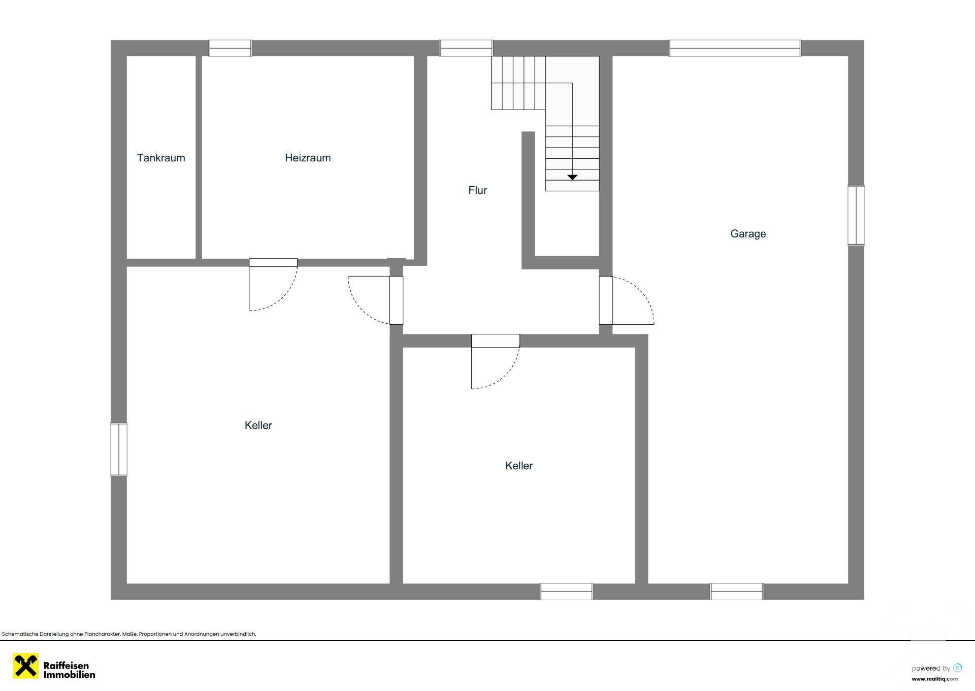 Grundriss des Kellergeschosses mit Kellerräumen, Heizraum und Garage.