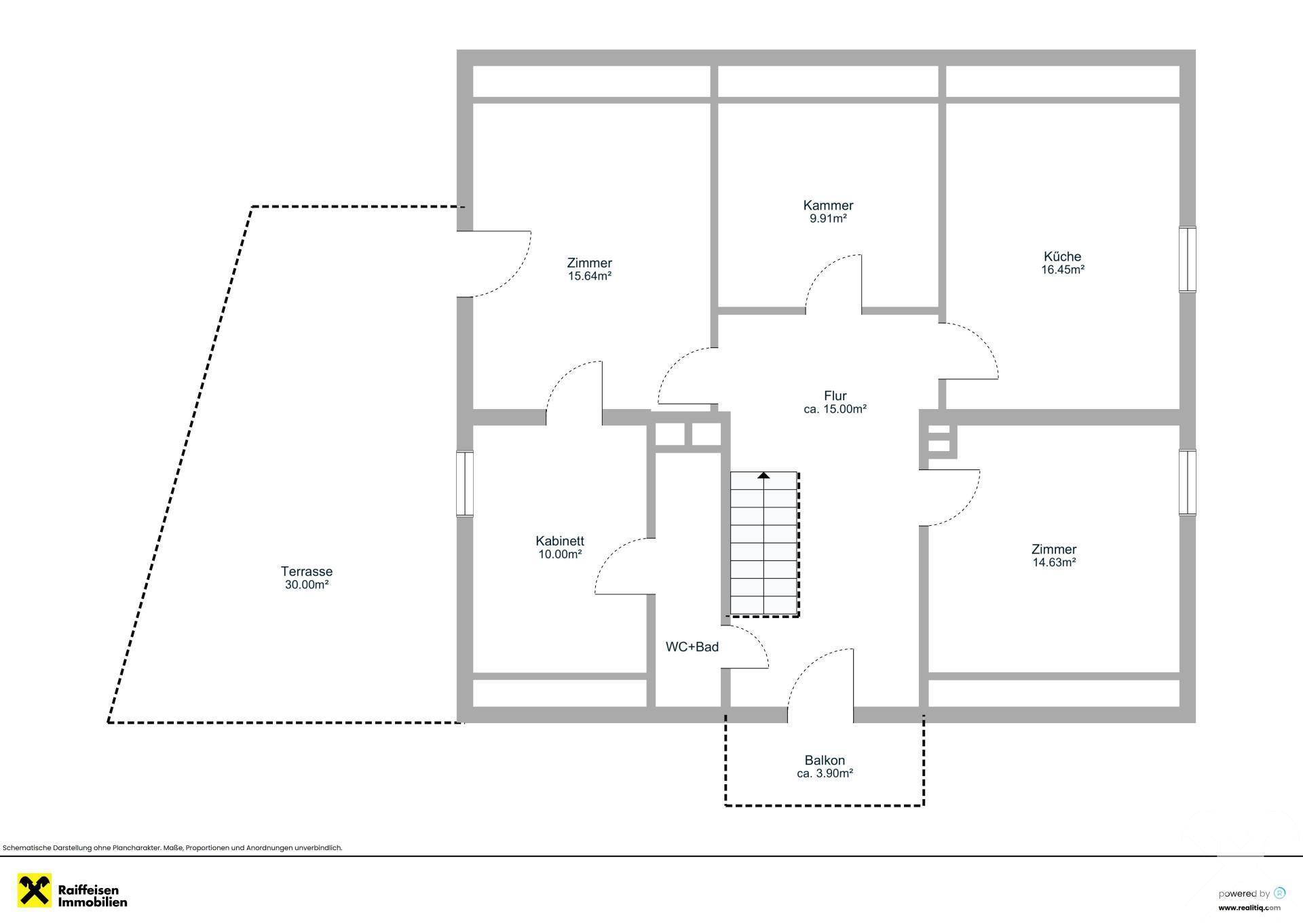Grundriss des Obergeschosses mit Terrasse, Balkon und mehreren Zimmern, inklusive Küche.