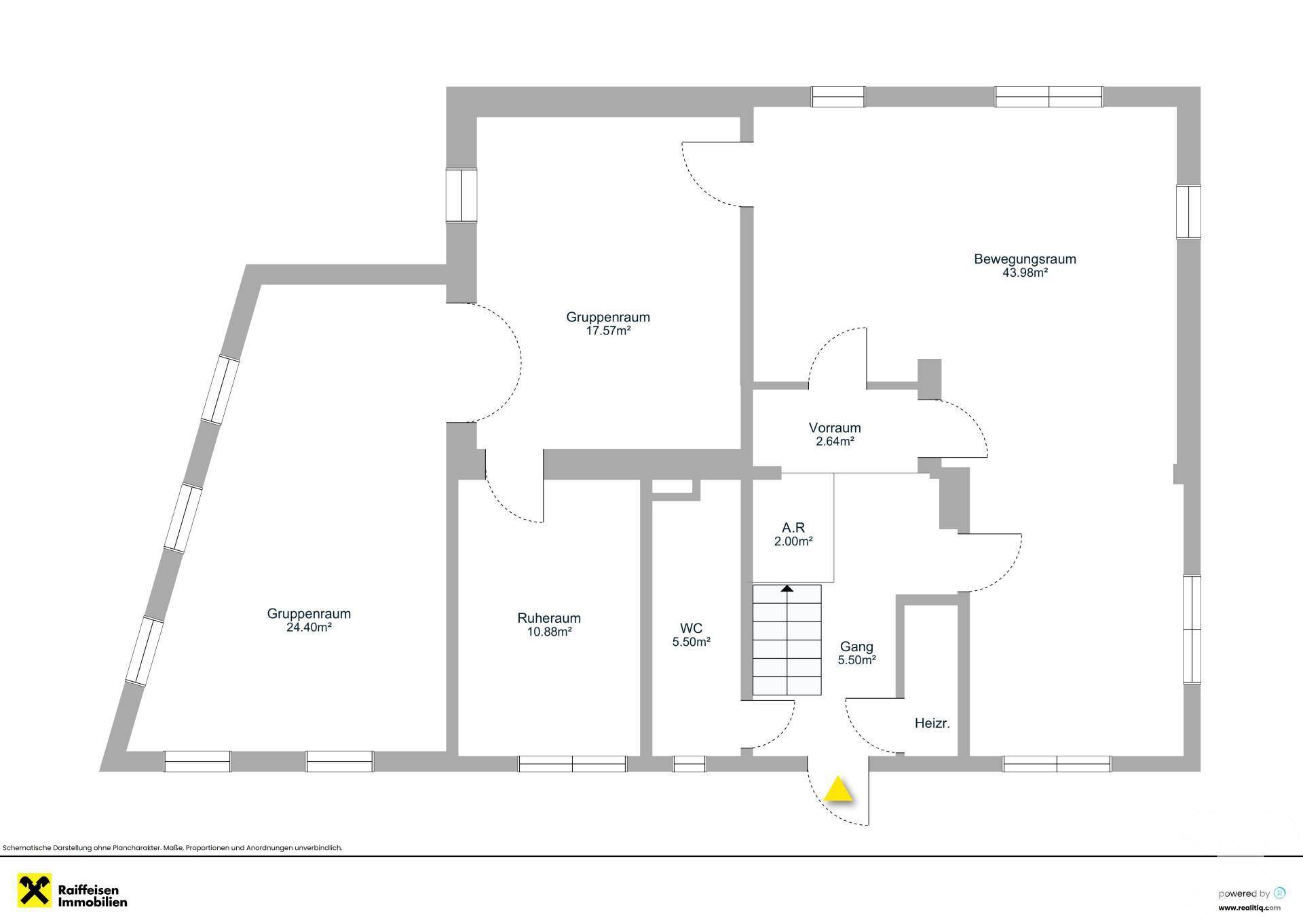 Grundriss des Untergeschosses mit mehreren Räumen und einem Bewegungsraum von 43,96m².