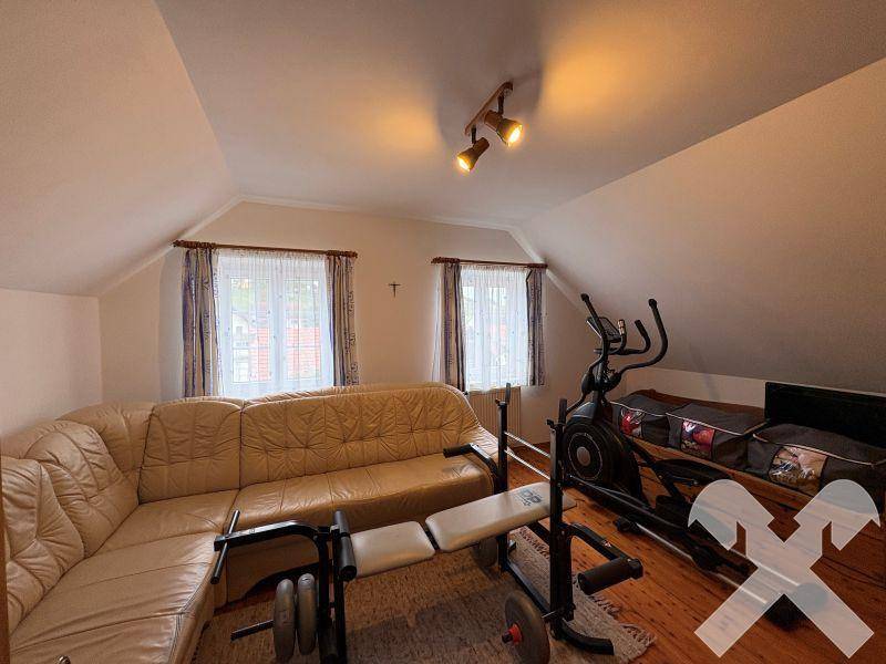 Gemütlicher Dachbodenraum mit Schrägen, Ledersofa, Fitnessgeräten und Holzboden.