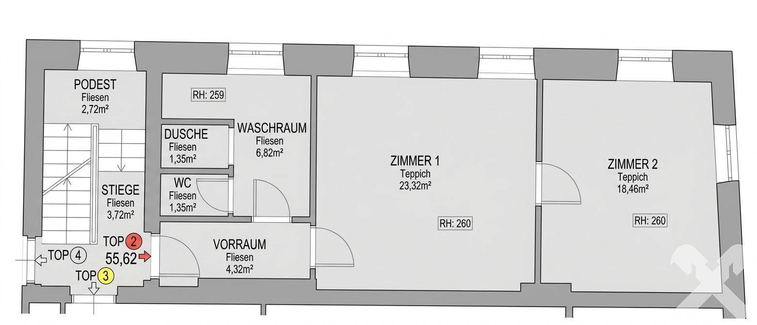Grundriss einer Wohnung mit zwei Zimmern, separater Dusche und WC, Waschraum sowie internen Treppen.
