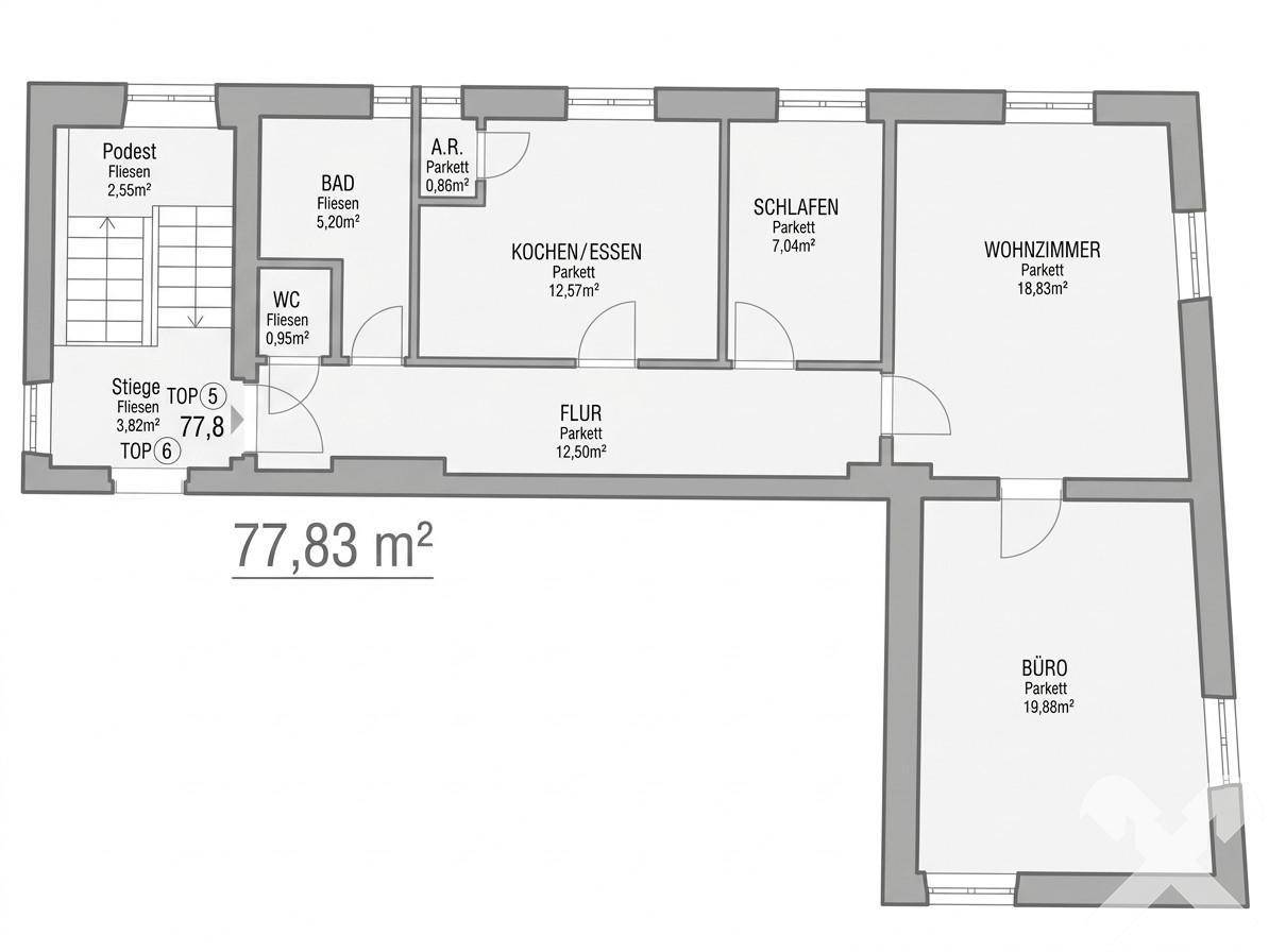 Detaillierter Grundriss einer Wohnung mit separatem Wohnzimmer, Schlafzimmer, Büro, Küche/Essbereich, Bad und Gäste-WC.