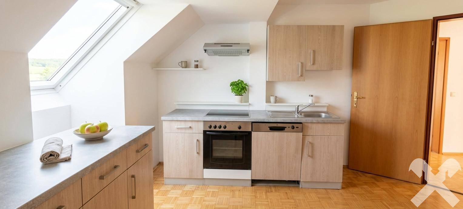 Moderne Küchenzeile im Dachgeschoss mit Schrägdachfenster und Holzboden.