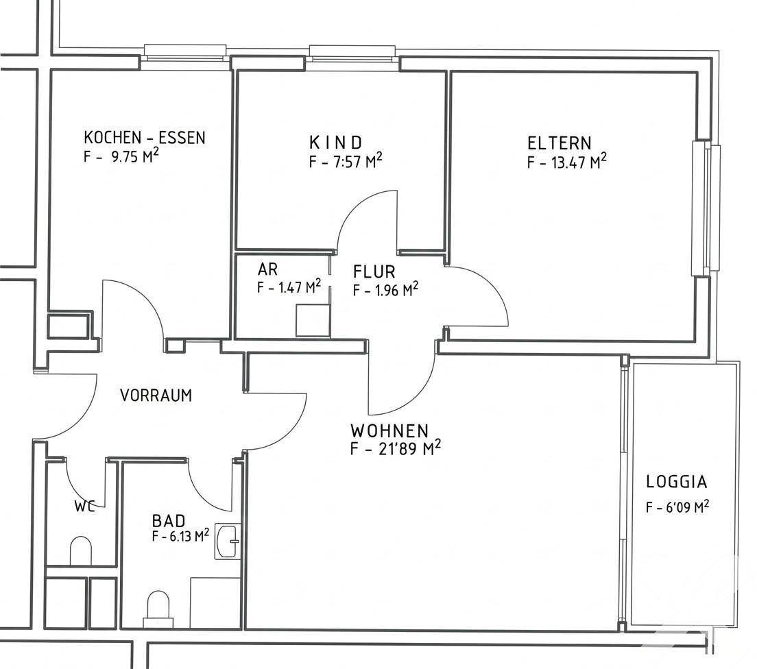 Detaillierter Grundriss einer Wohnung mit Wohnzimmer, Küche-Essbereich, zwei Schlafzimmern und Loggia.