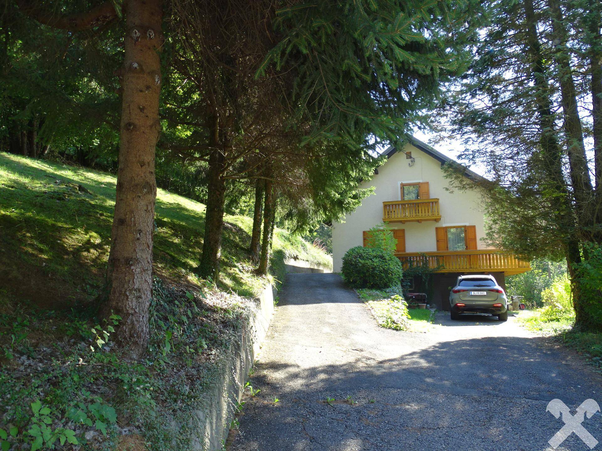 Einfahrt zum Haus, umgeben von hohen Bäumen und üppiger Vegetation in ländlicher Umgebung.