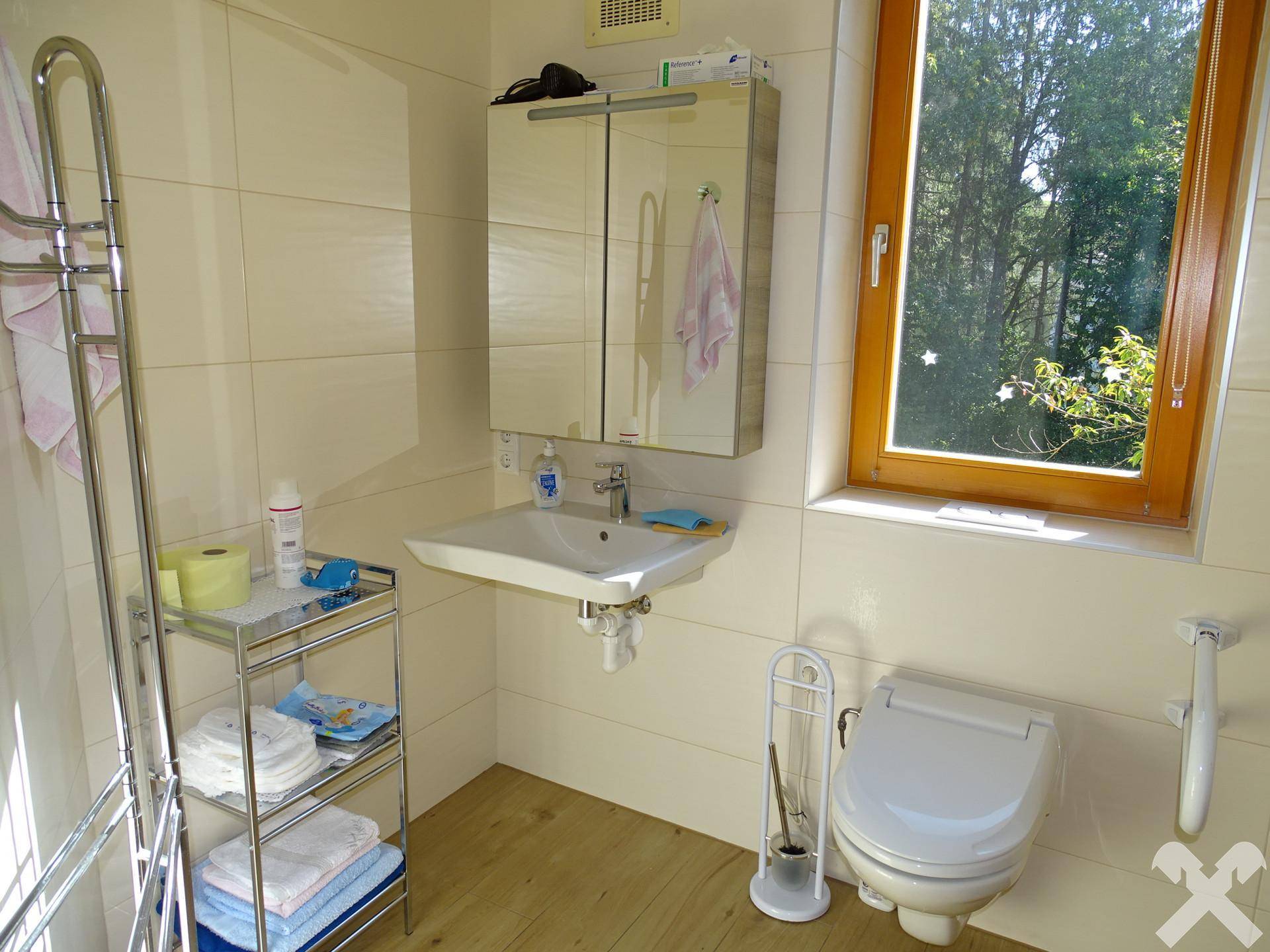 Helles Badezimmer mit Einzelwaschbecken, WC, Spiegelschrank und Fenster mit Blick ins Grüne.