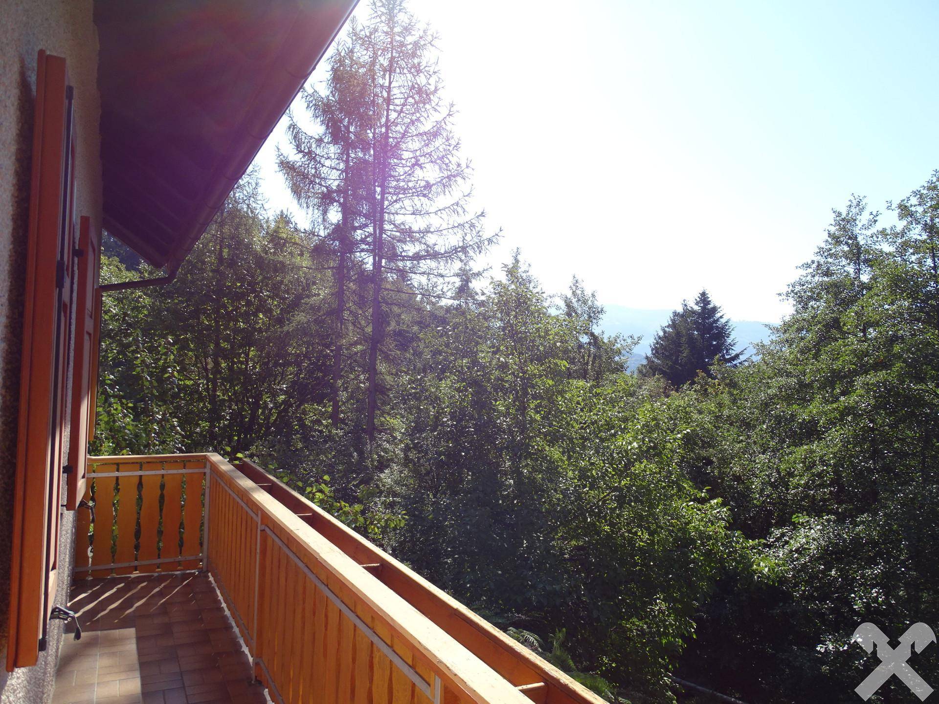 Sonniger Balkon mit Holzgeländer und weitem Blick auf die umliegenden grünen Wälder.