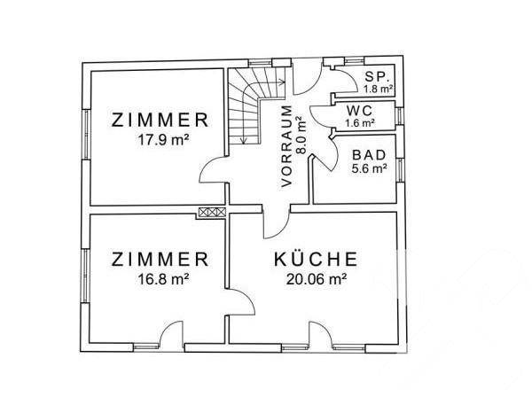 Grundriss des Erdgeschosses mit Zimmern, Küche, Bad und separatem WC.