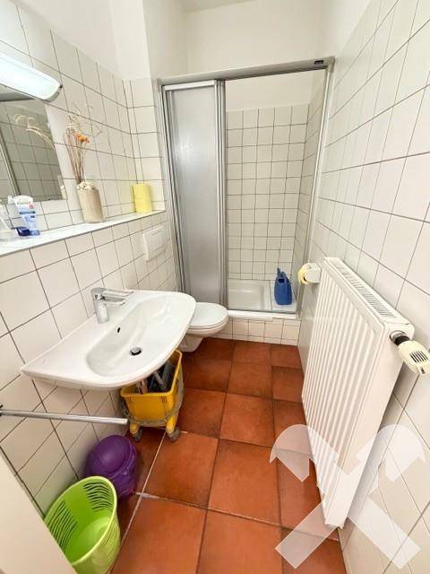 Badezimmer mit Dusche, WC, Waschbecken und Terrakottafliesen, funktional und hell gestaltet.