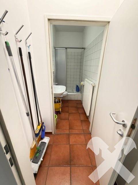Blick in das Badezimmer von einem kleinen Abstellraum aus, mit Reinigungsutensilien.