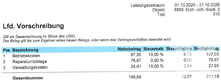 Monatiliche Vorschreibung
