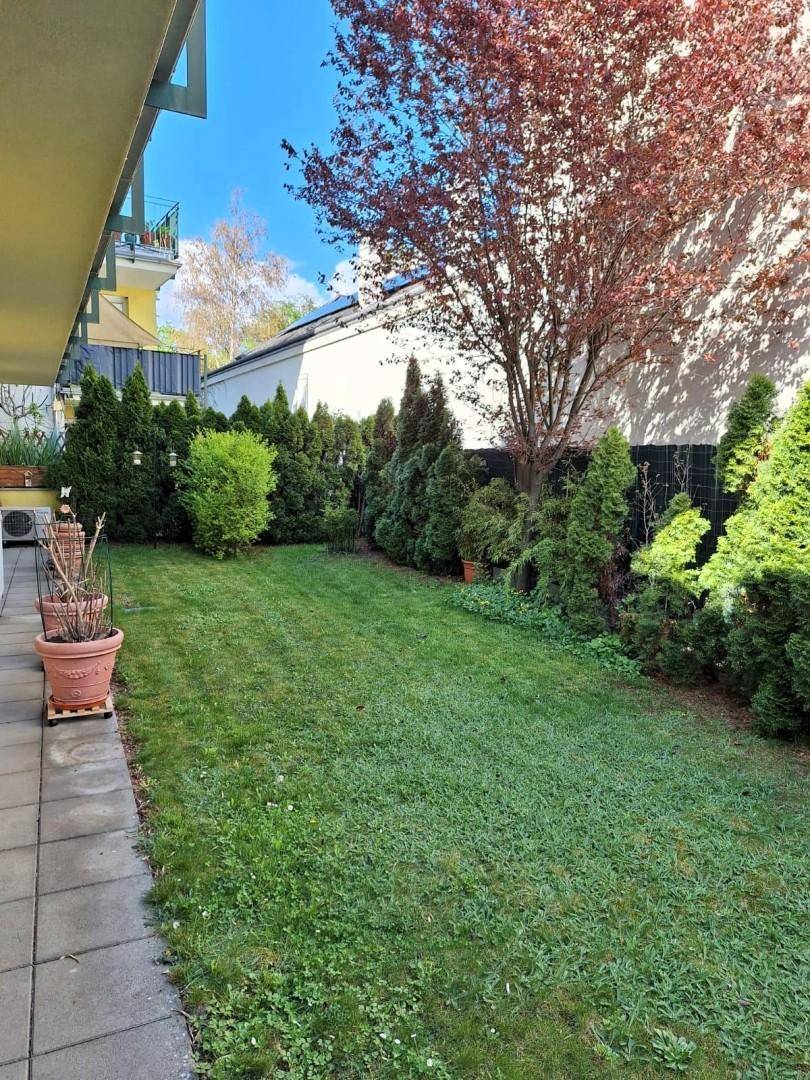 Blick auf den gepflegten Gartenbereich mit Rasen, Bäumen und einer seitlichen Terrasse am Gebäude.