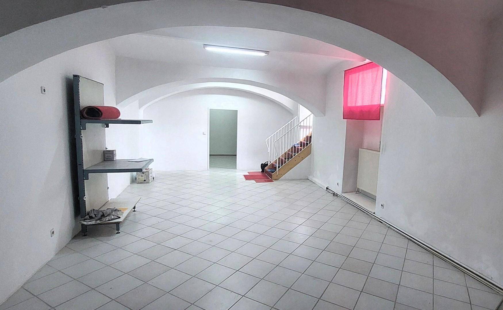 Großer Kellerraum mit weiß gestrichenen Wänden, Fliesenboden und beeindruckenden Gewölbedecken.