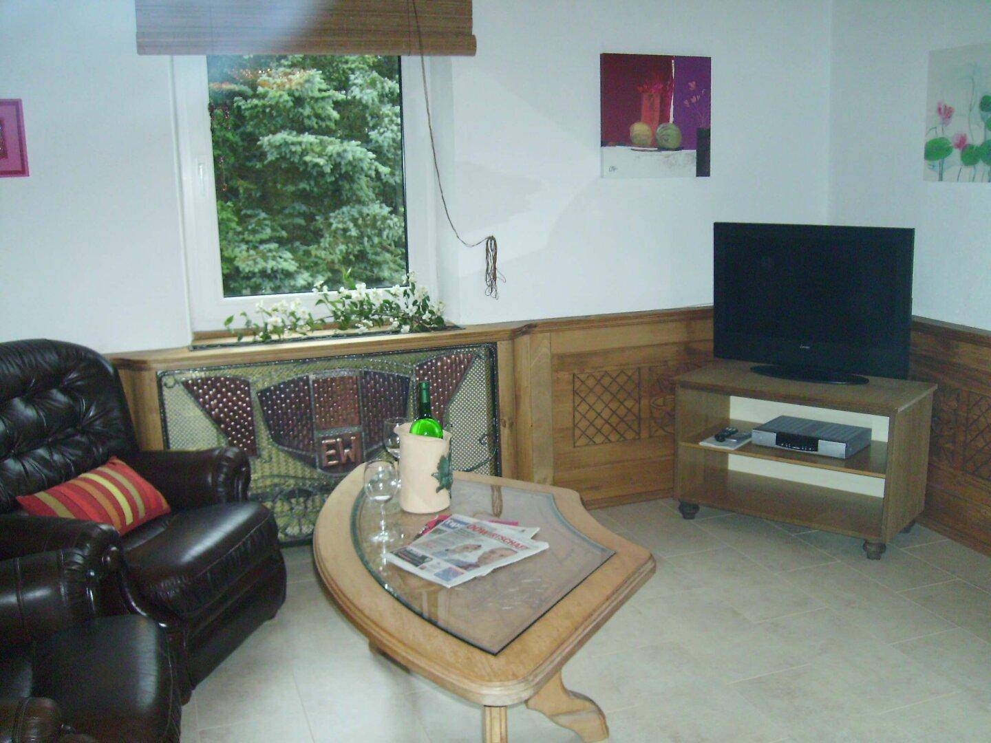 Wohnzimmer mit Fernseher, Holztäfelung und Fenster mit Blick ins Grüne.