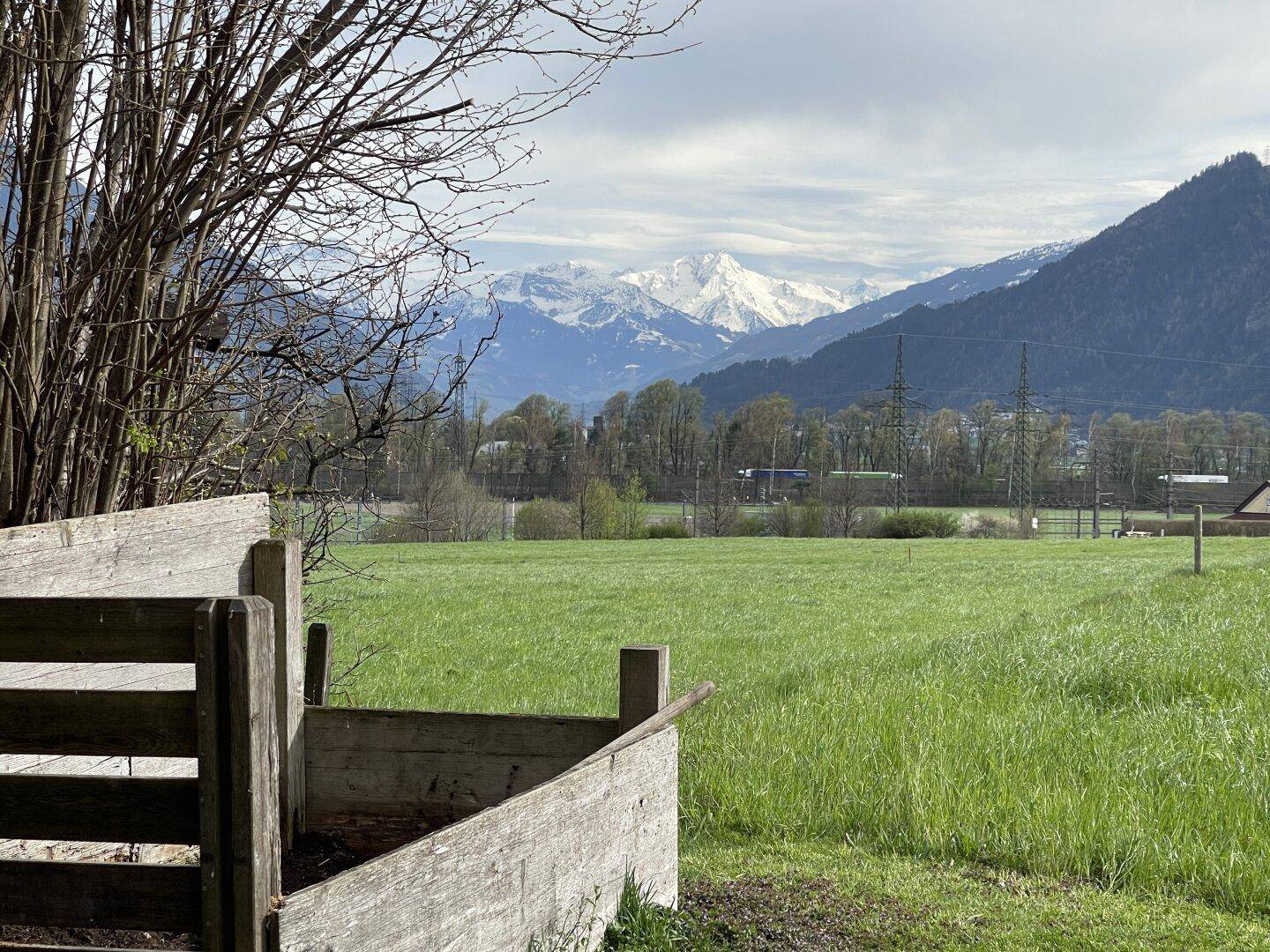 Weitläufige grüne Wiesenlandschaft mit schneebedeckten Bergen im Hintergrund unter bewölktem Himmel.
