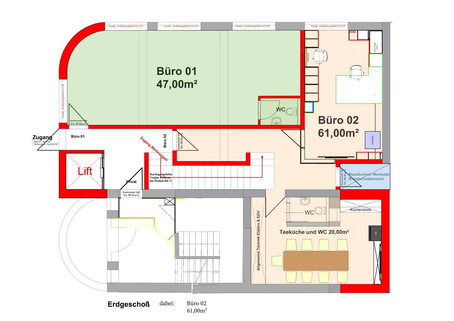 Grundriss des Erdgeschosses mit zwei Büros, Teeküche und WC, inklusive Liftzugang.