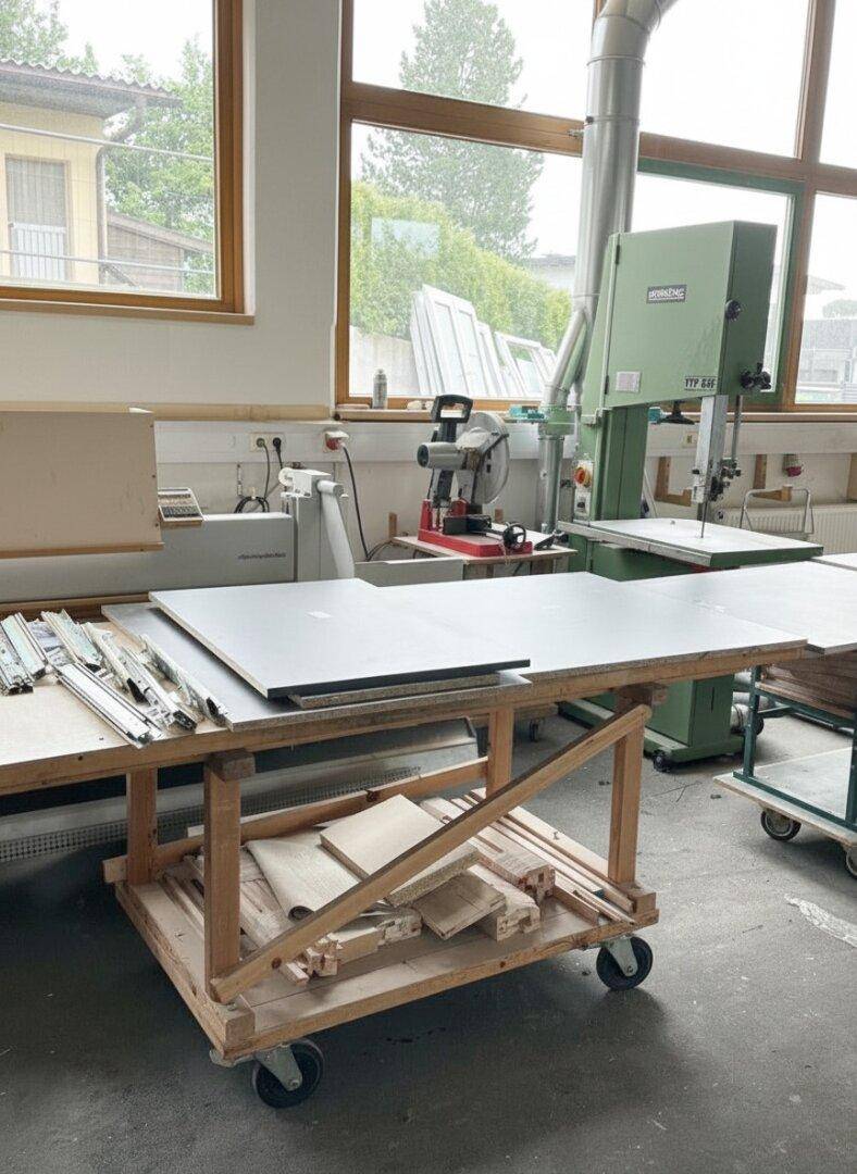 Helle Werkstatt mit großen Fenstern, Holzbearbeitungsmaschinen und Material auf einem Rollwagen.