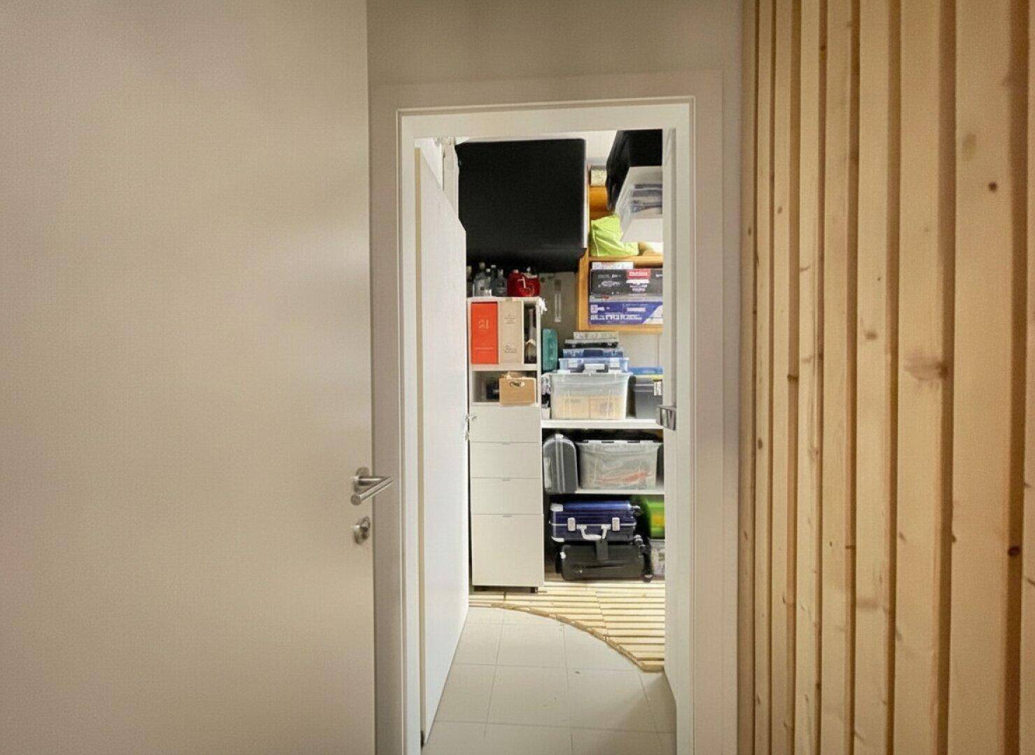 Eingang zu einem praktischen Abstellraum mit Regalen und Stauraum, ideal für Haushaltsgegenstände.