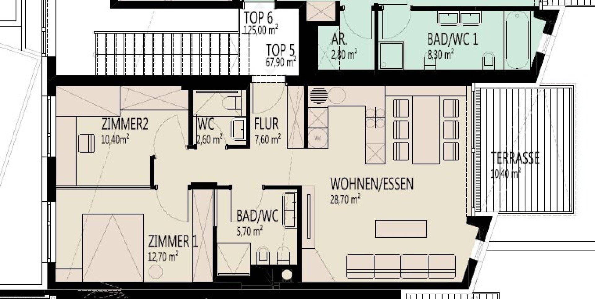 Grundriss zeigt einen offenen Wohn-Essbereich, zwei Zimmer, zwei Bäder und eine große Terrasse.