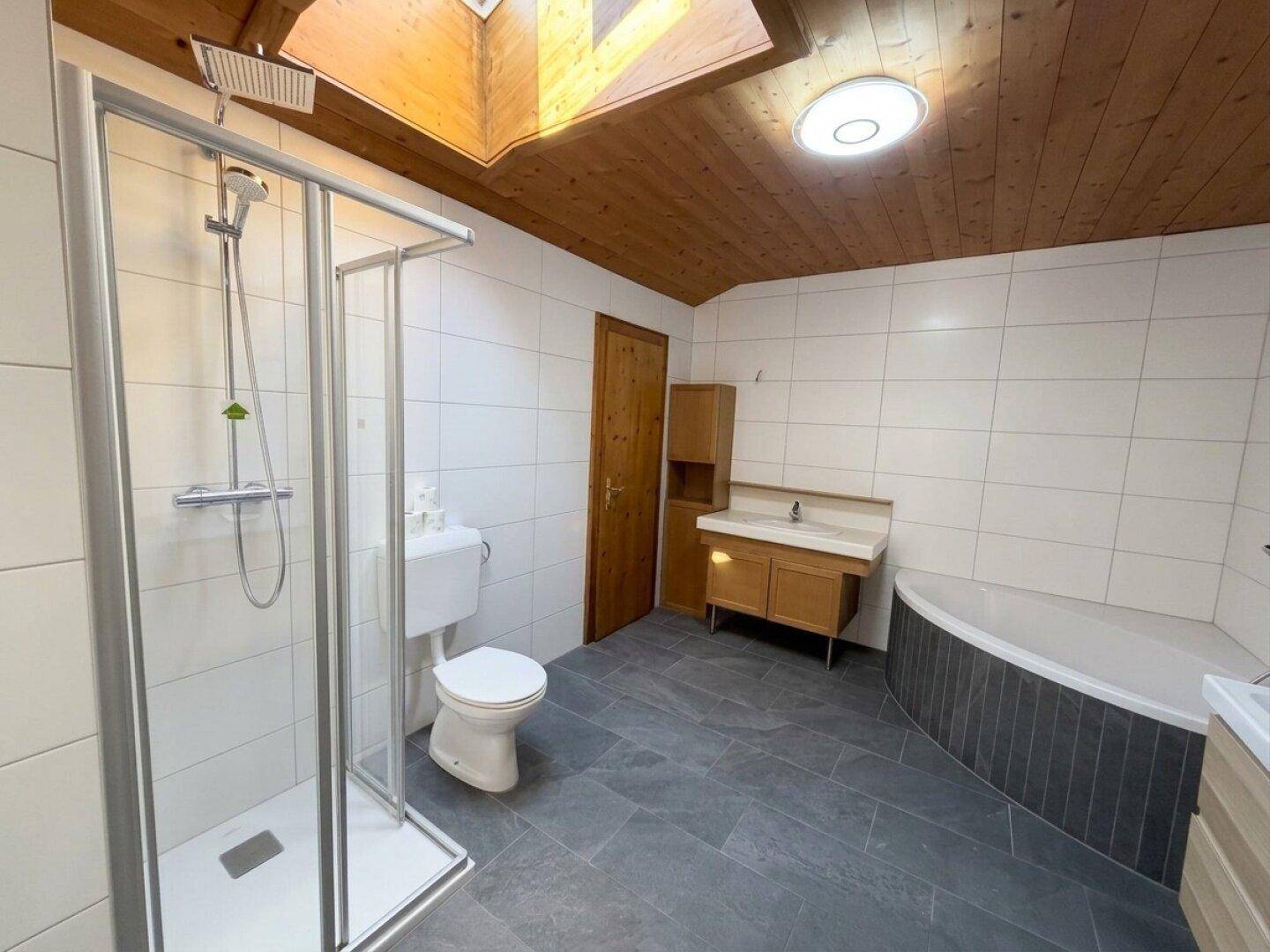 Badezimmer mit Duschkabine, WC, Waschbecken und Holzdachschräge mit Dachfenster.