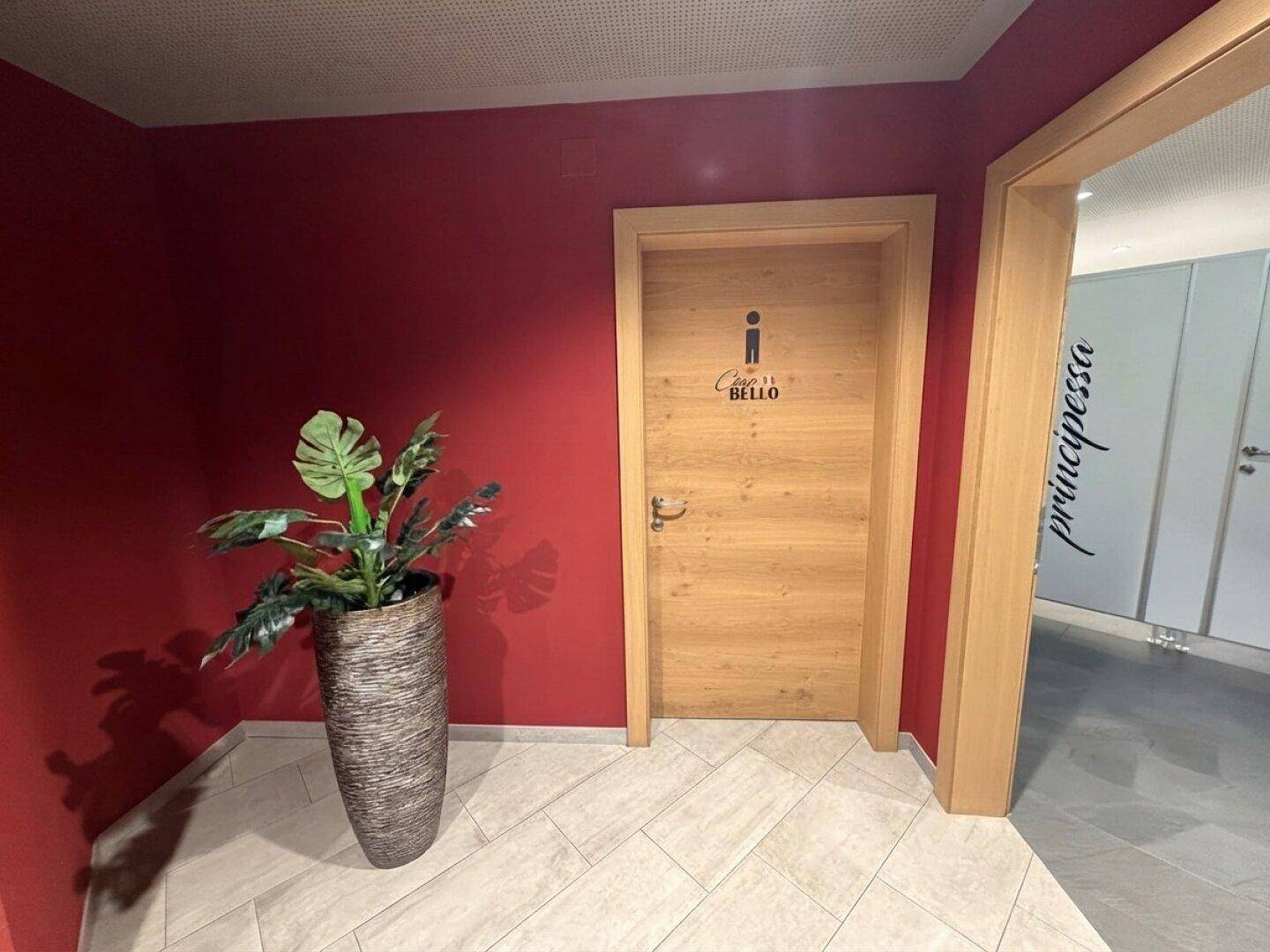 Eingangsbereich zu den Toiletten mit einer roten Wand, einem großen Pflanzgefäß und einer Holztür.