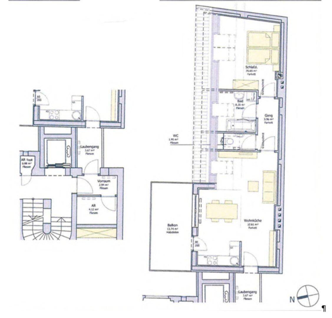 Detaillierter Grundrissplan zeigt die Aufteilung der Wohnung mit Balkon und mehreren Zimmern.