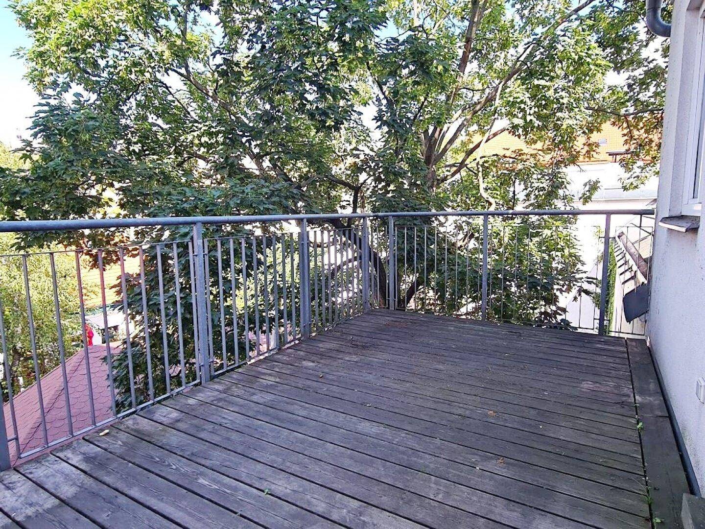 Großer Balkon mit Holzdielen und Blick ins Grüne, umgeben von hohen Bäumen.