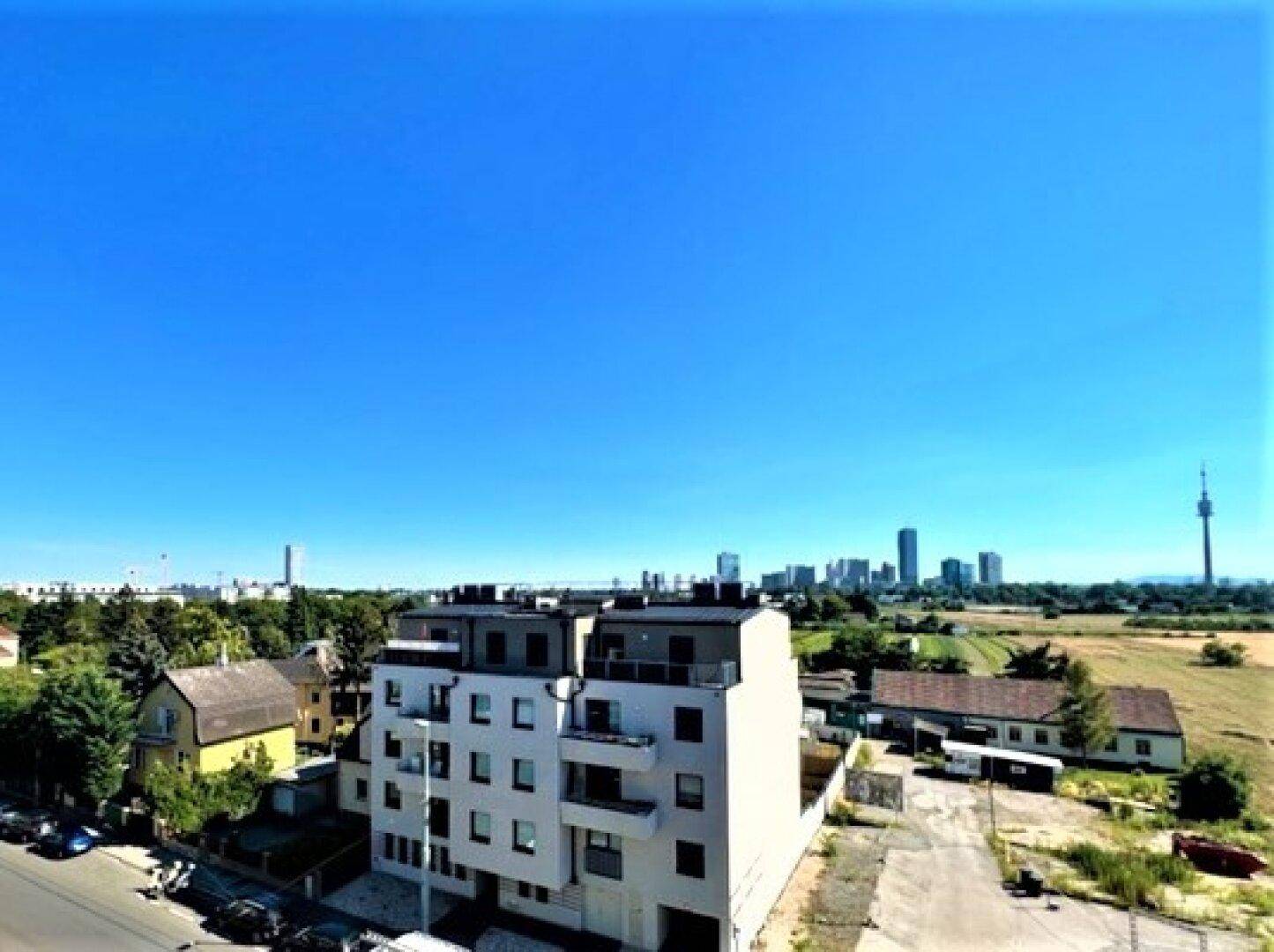 Panoramablick über eine Wohngegend mit modernen Gebäuden und der Skyline der Stadt.