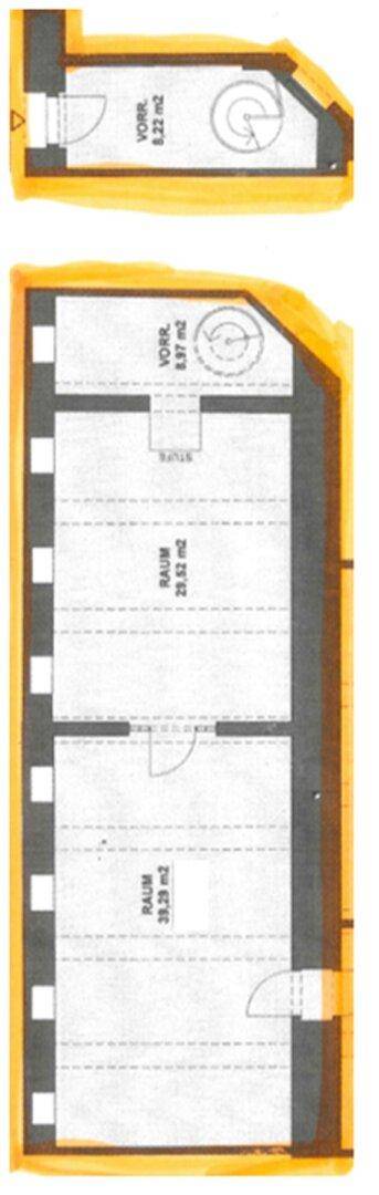 Detaillierter Grundriss mit zwei separaten Bereichen, inklusive Wendeltreppe und Raumaufteilung.