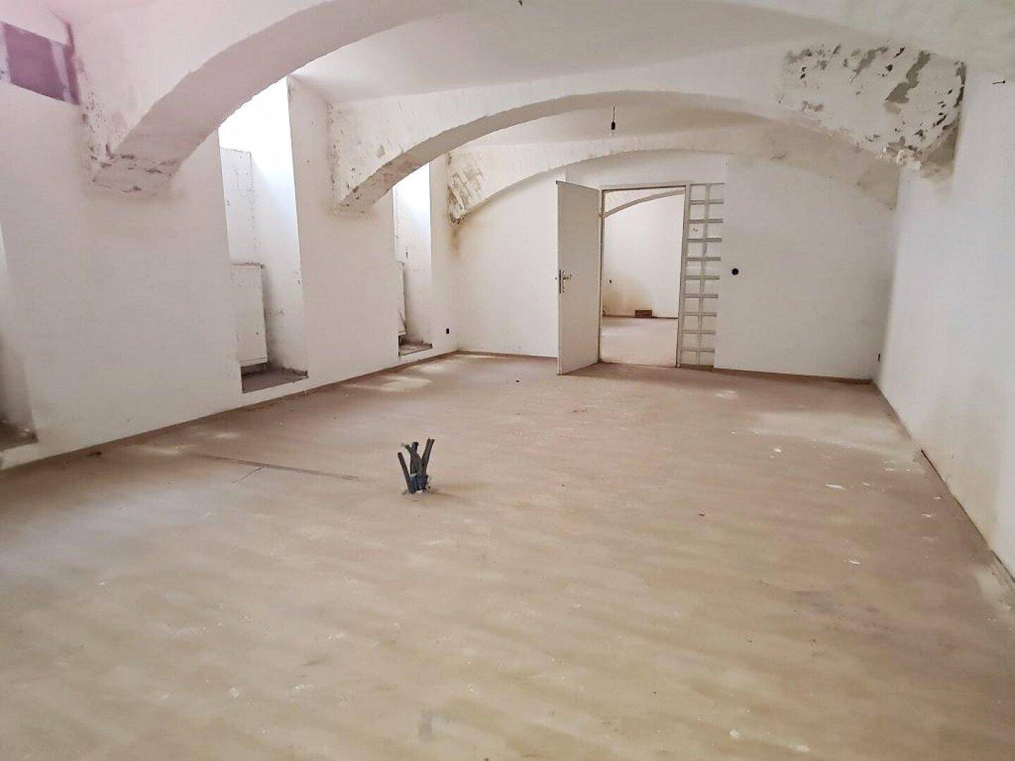 Geräumiger Innenraum mit Gewölbedecken und offener Tür, der auf eine umfassende Renovierung wartet.