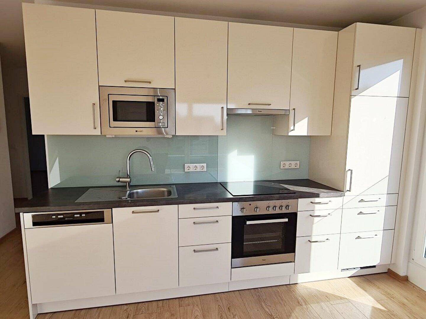 Detailansicht der modernen Einbauküche mit Spüle, Kochfeld, Backofen und Mikrowelle.