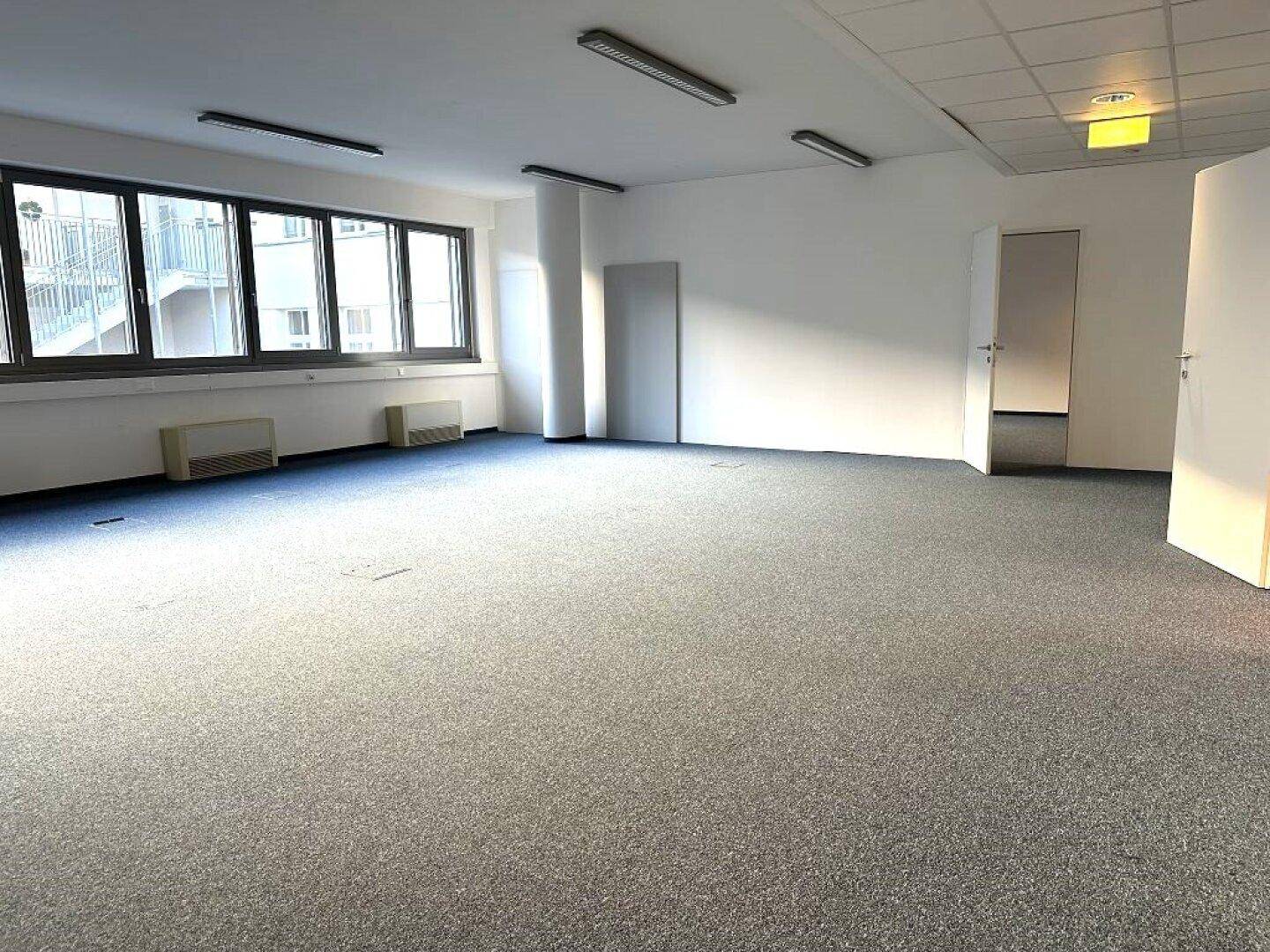 Geräumiger Büroraum mit Teppichboden und weißen Wänden, bietet viel Platz für verschiedene Arbeitsbereiche.