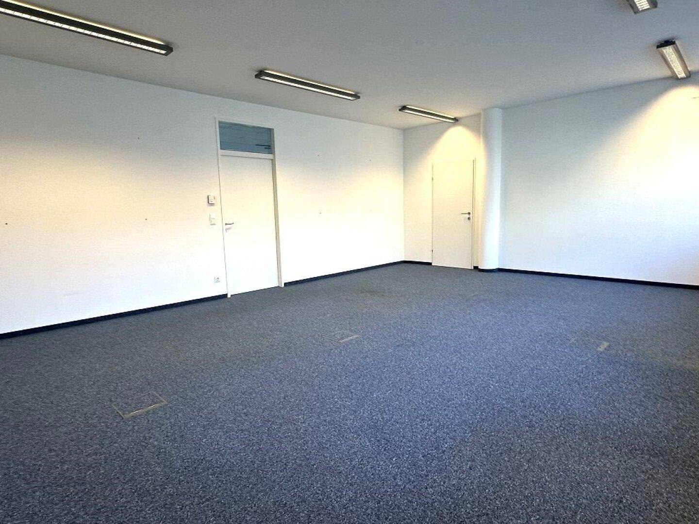 Heller Büroraum mit Teppichboden und weißen Wänden, ideal für ein produktives Arbeitsumfeld.
